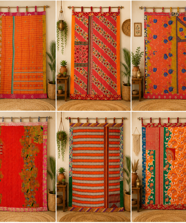 Orange Vintage Kantha Curtain – Handmade Cotton Patchwork Boho Indian Window Door Curtain – 1 Pc