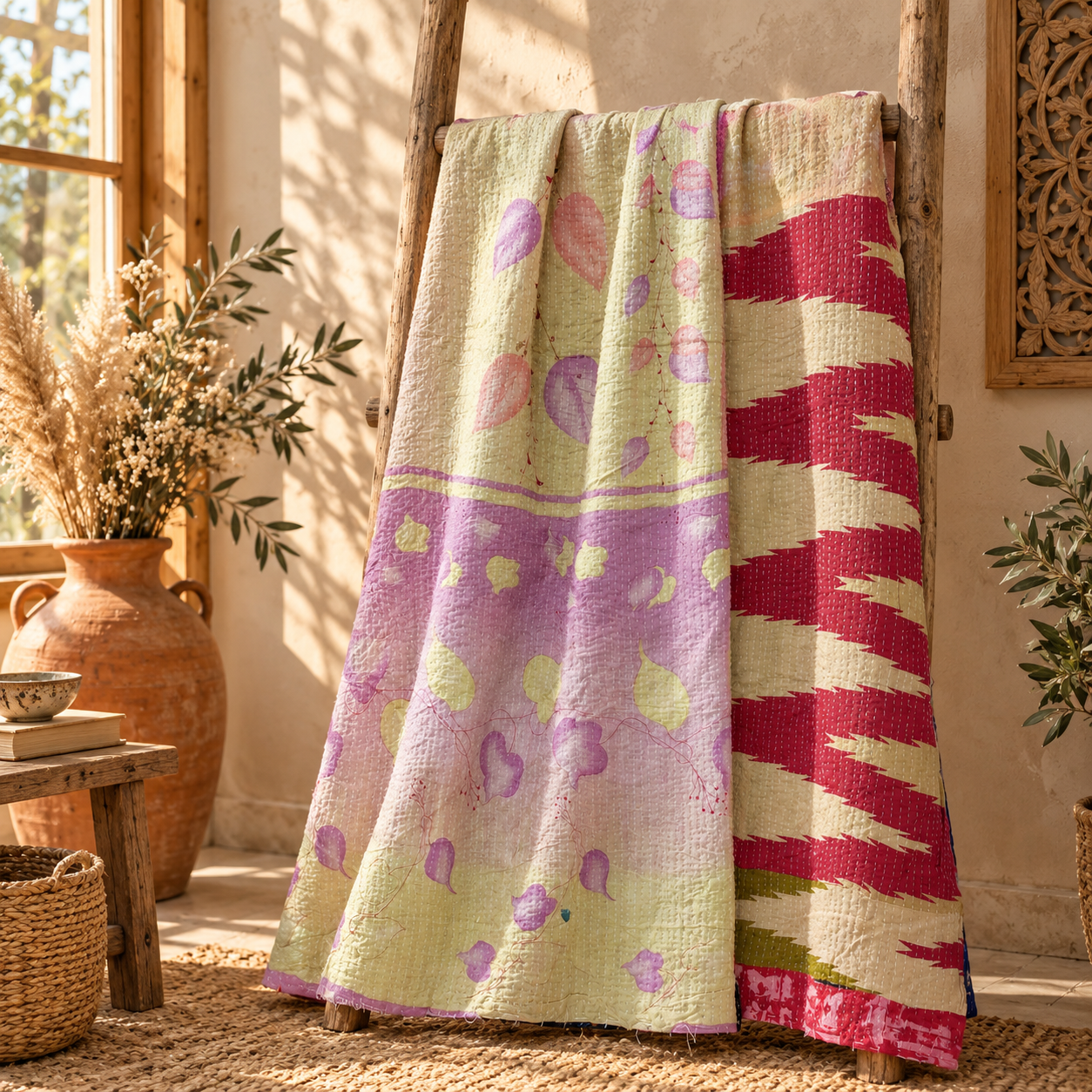 Vintage Handmade Kantha Quilt – Royal Blue Orange Floral Recycled Sari Cotton Bedspread, Indian Boho Throw - Image 5