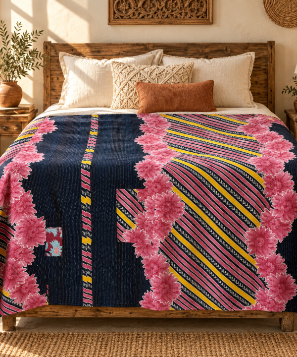 Alternative view of Vintage Navy Blue & Pink Kantha Quilt 60x90 Inches – Handmade Floral Cotton Bedspread Throw