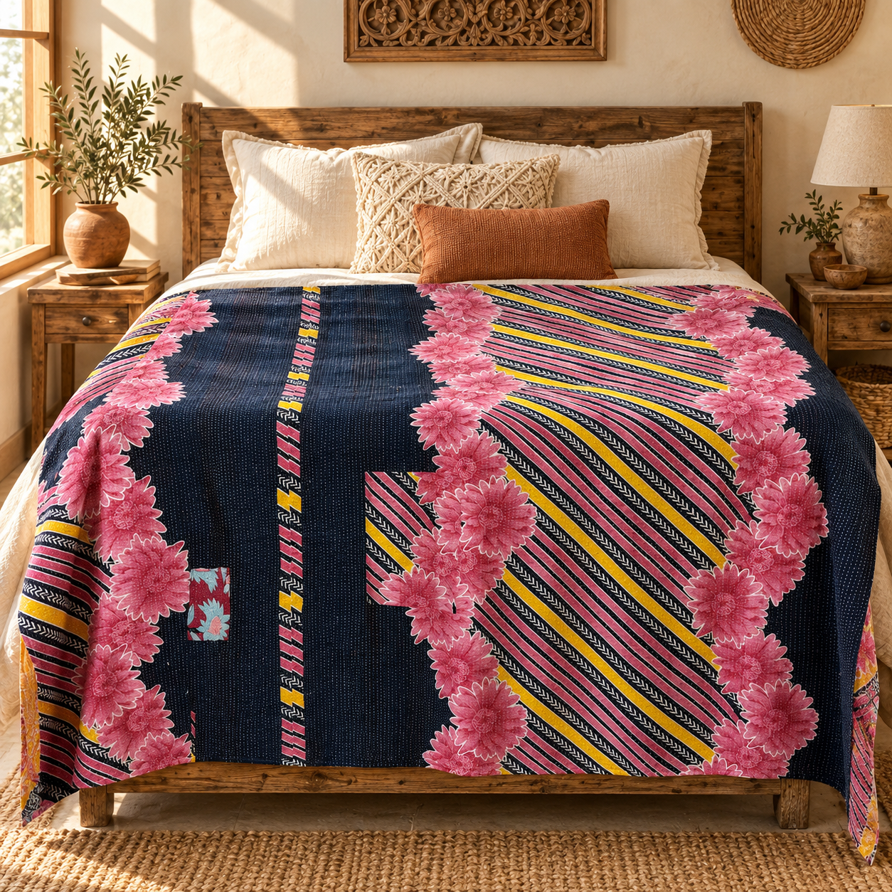 Vintage Navy Blue & Pink Kantha Quilt 60x90 Inches – Handmade Floral Cotton Bedspread Throw - Image 2