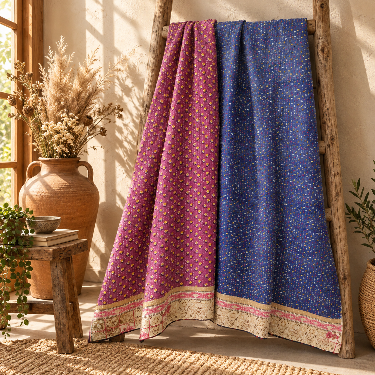 Vintage Handmade Kantha Quilt – Red & Navy Blue Recycled Sari Throw, Reversible Indian Boho Bedspread MN-VKQ-TW-1342 - Image 5