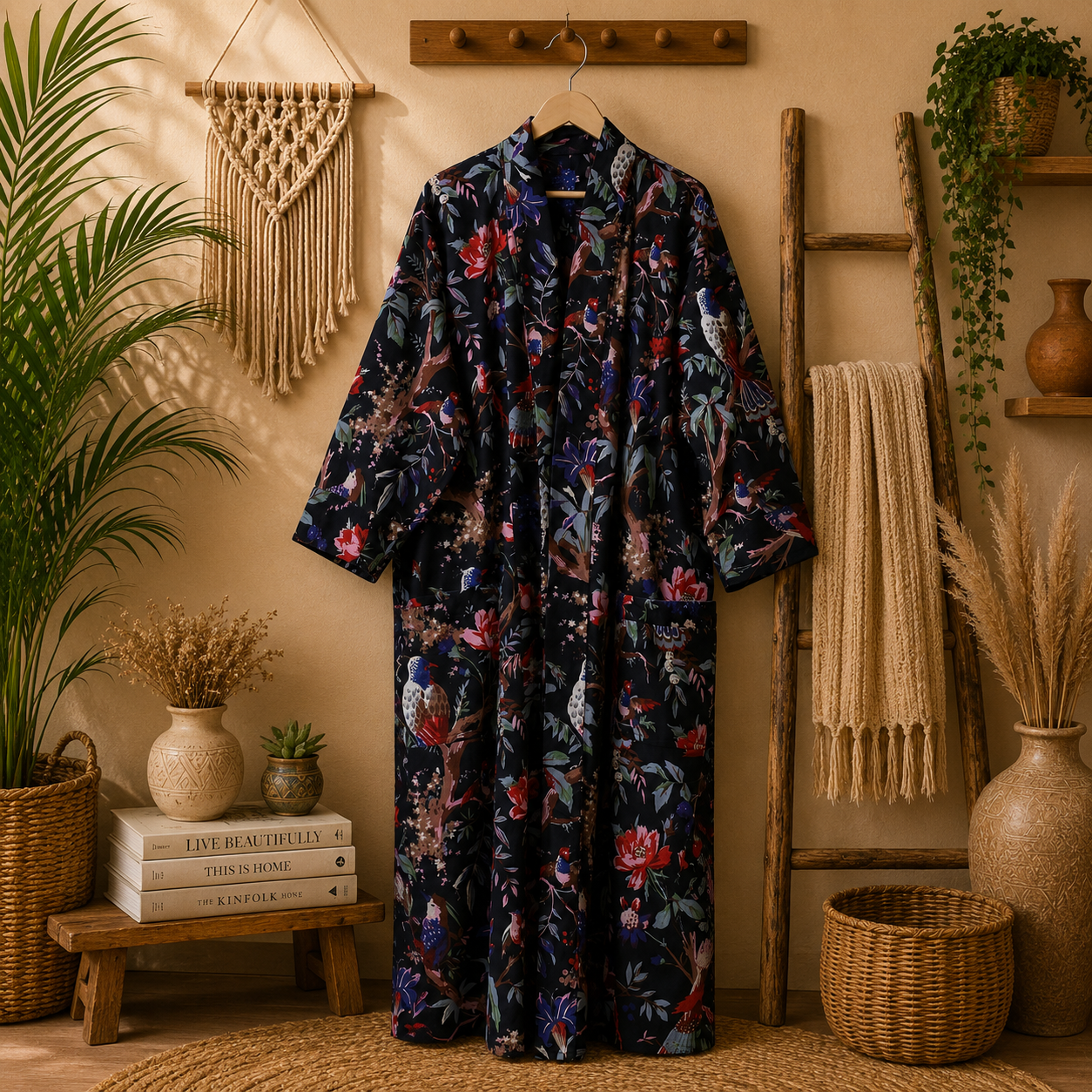 Black Floral Bird Print Cotton Long Kimono Robe for Women – Boho Maxi Kimono Jacket, Free Size Open Front Cover Up - Image 5