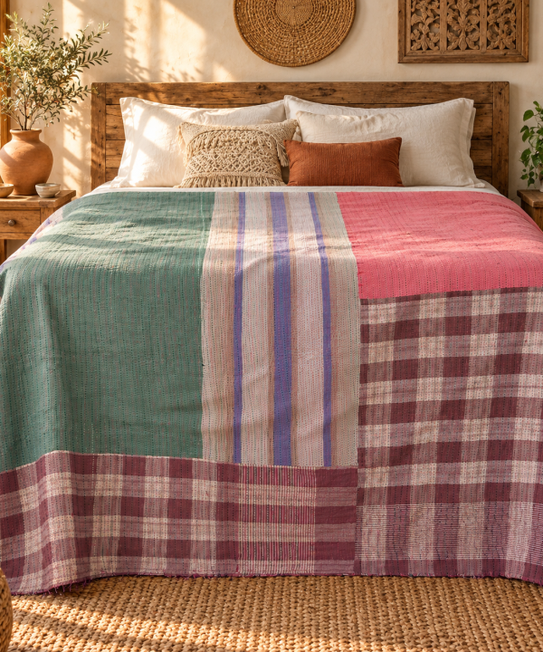 Alternative view of Vintage Kantha Quilt 60x90 Inches – Handmade Cotton Patchwork Bedspread Throw – Green Pink Purple