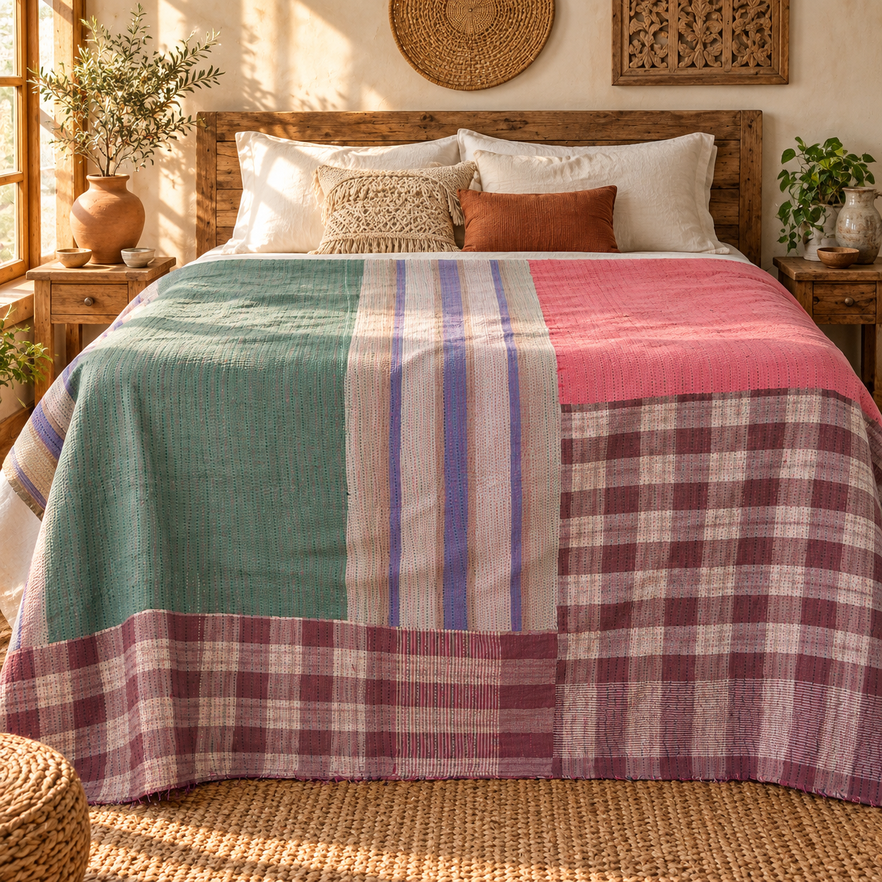Vintage Kantha Quilt 60x90 Inches – Handmade Cotton Patchwork Bedspread Throw – Green Pink Purple - Image 2