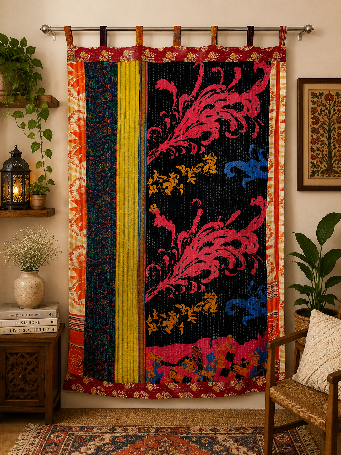 Black Vintage Kantha Curtain – Handmade Cotton Patchwork Boho Indian Window Door Curtain – 1 Pc - Image 5