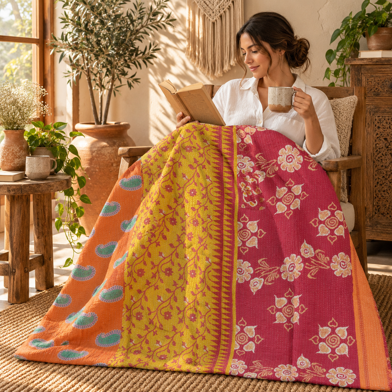 Vintage Pink Kantha Quilt – Handmade Floral Recycled Sari Bedspread, Reversible Indian Boho Throw Blanket - Image 3