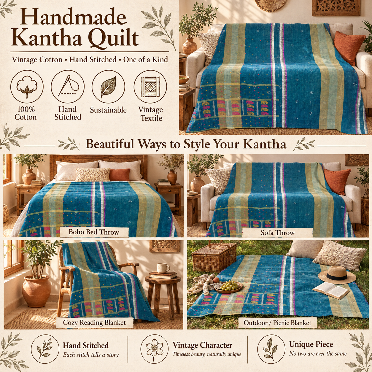 Vintage Teal Blue Kantha Quilt – Hand Stitched Cotton Boho Bedspread Throw 60 x 90 Inches - Image 4