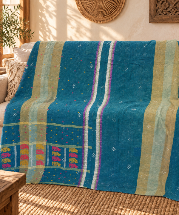 Vintage Teal Blue Kantha Quilt – Hand Stitched Cotton Boho Bedspread Throw 60 x 90 Inches