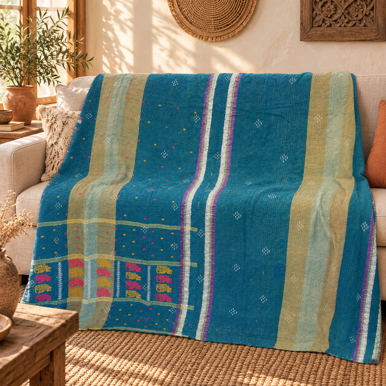 Vintage Teal Blue Kantha Quilt – Hand Stitched Cotton Boho Bedspread Throw 60 x 90 Inches