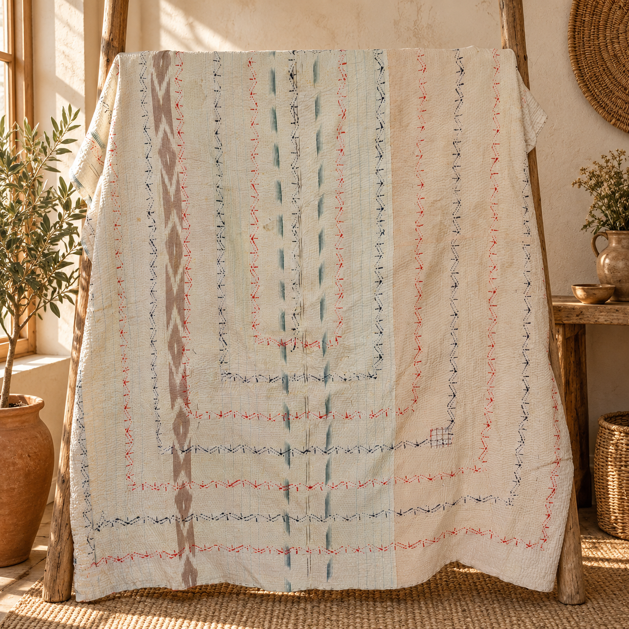 Vintage Turquoise Pink Kantha Quilt – Handmade Cotton Bedspread Throw 60 x 90 Inches - Image 5