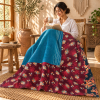 Vintage Handmade Kantha Quilt – Teal Blue & Burgundy Floral Recycled Sari Throw, Reversible Indian Bedspread - Image 3