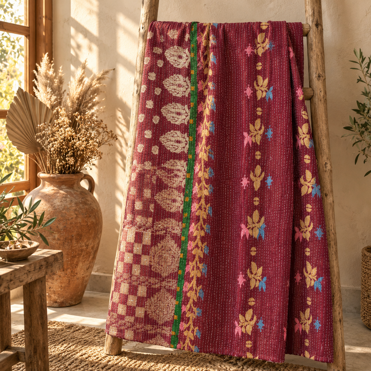 Vintage Green Kantha Quilt – Handmade Recycled Sari Cotton Floral Bedspread Throw - Image 5