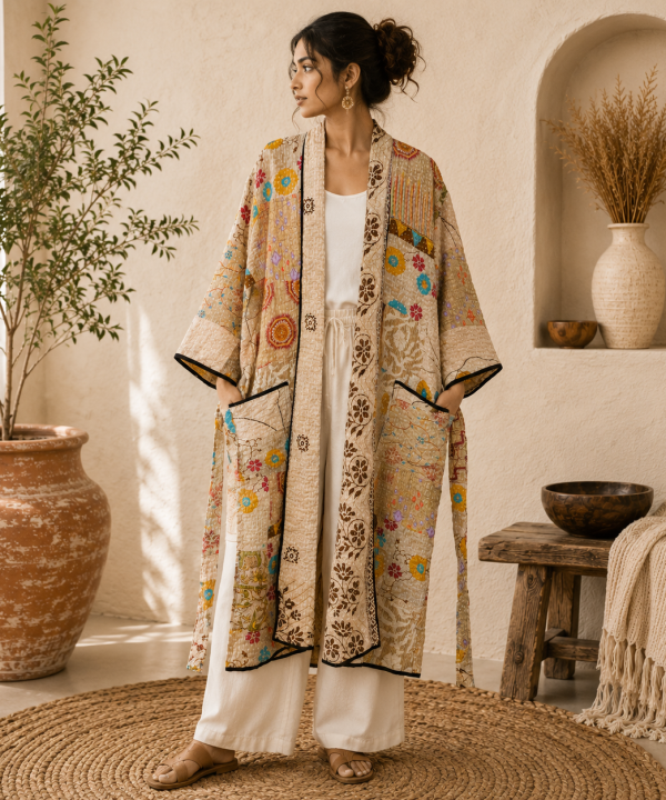 Beige Cream Multicolor Vintage Kantha Long Kimono Robe – Handmade Patchwork Cotton Boho Jacket