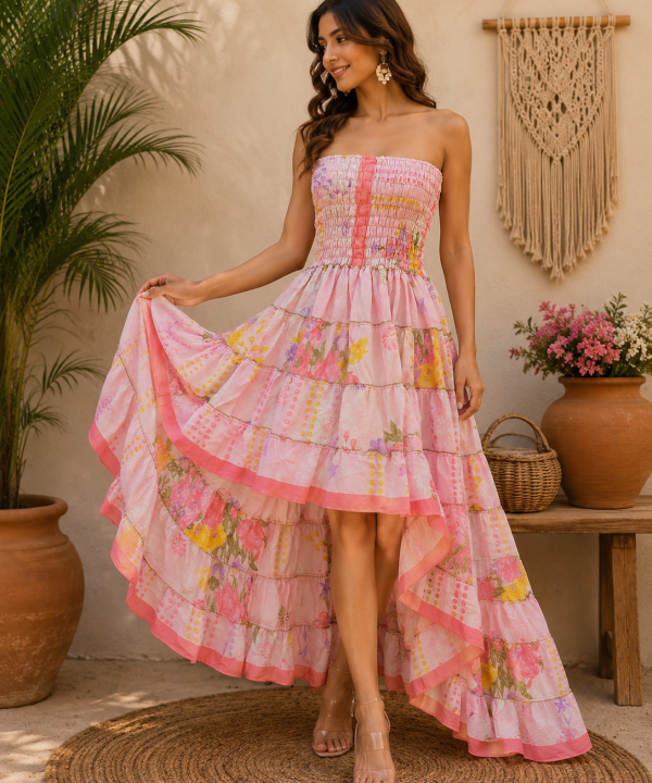 Pink Floral Patchwork Maxi Dress – Strapless Smocked Tiered Boho Summer Dress, High Low Festival Dress