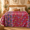 Vintage Pink Kantha Quilt – Handmade Floral Recycled Sari Cotton Bedspread Boho Throw, MN-VKQ-TW-1345 - Image 2