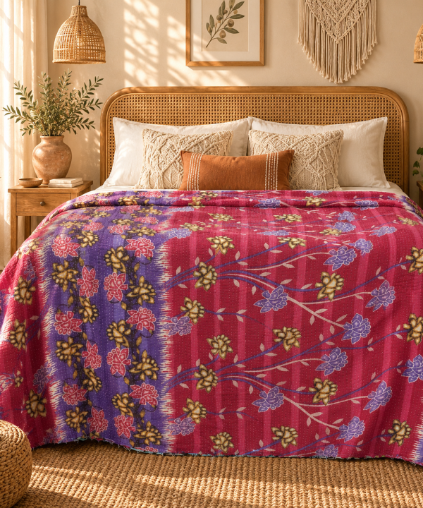 Alternative view of Vintage Pink Kantha Quilt – Handmade Floral Recycled Sari Cotton Bedspread Boho Throw, MN-VKQ-TW-1345