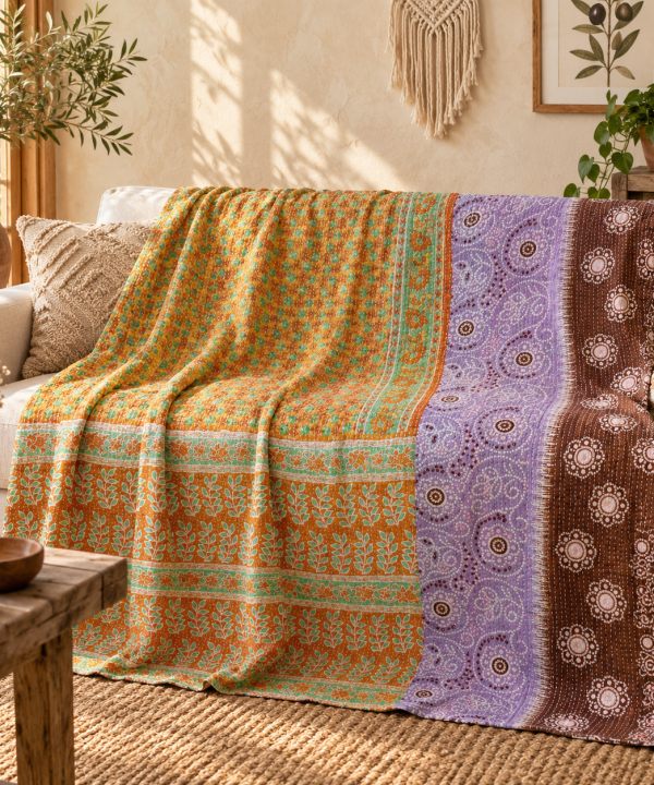 Vintage Handmade Kantha Quilt – Orange & Green Floral Recycled Cotton Bedspread, Purple Boho Sofa Throw Blanket