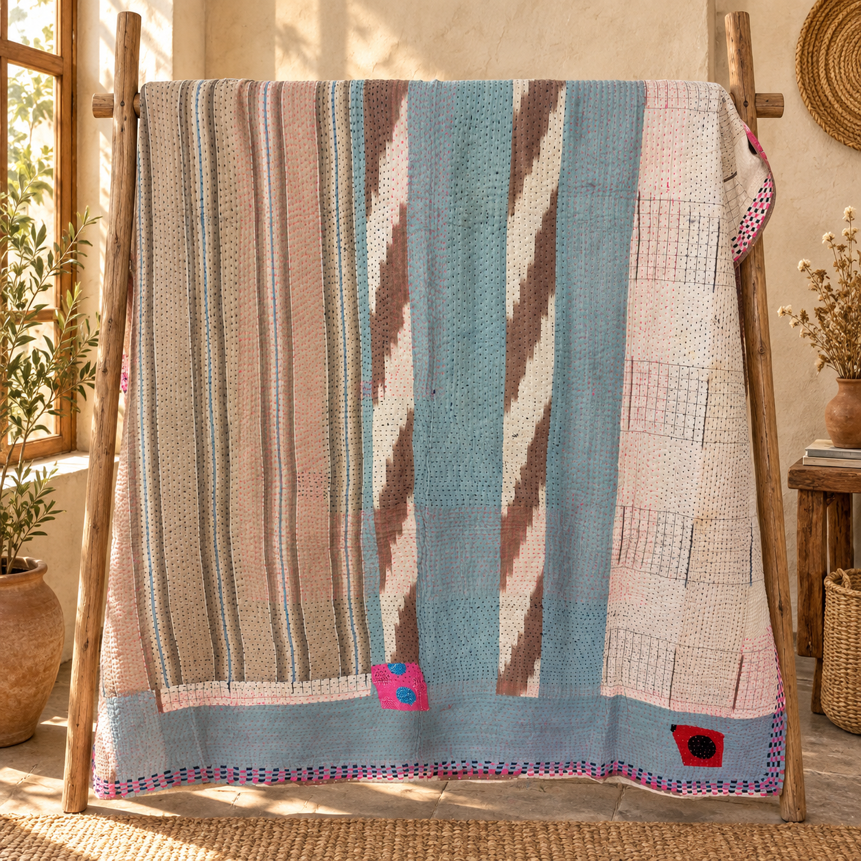 Vintage Hot Pink Kantha Quilt 60x90 Inches – Hand Stitched Cotton Boho Throw - Image 5