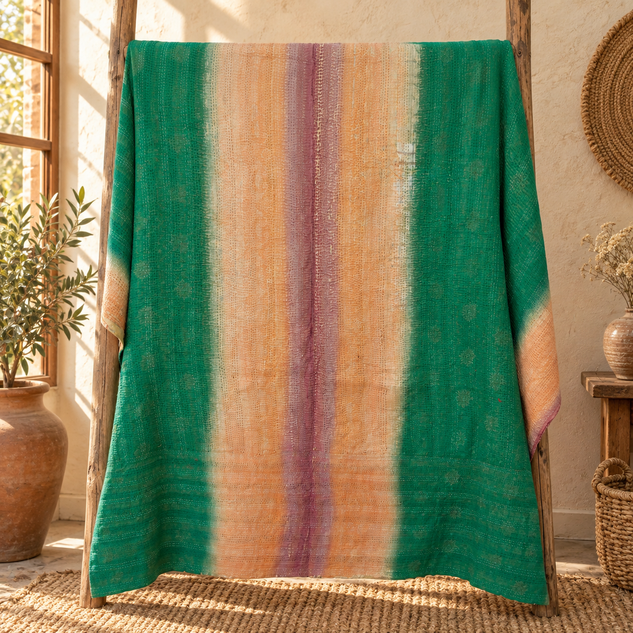 Vintage Orange Kantha Quilt 60x90 Inches – Handmade Cotton Boho Bedspread Throw - Image 5