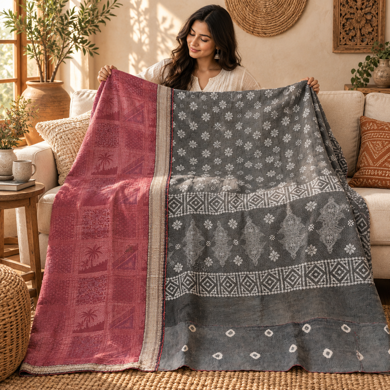 Charcoal Grey & Dusty Rose Vintage Kantha Quilt 60 x 90 Inches – Handmade Cotton Bedspread – One of a Kind - Image 3