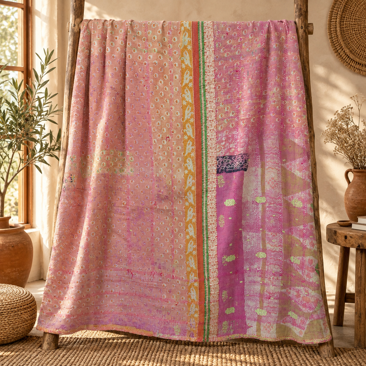 Mustard Yellow & Coral Pink Vintage Kantha Quilt 60 x 90 Inches – Handmade Cotton Bedspread – One of a Kind - Image 5