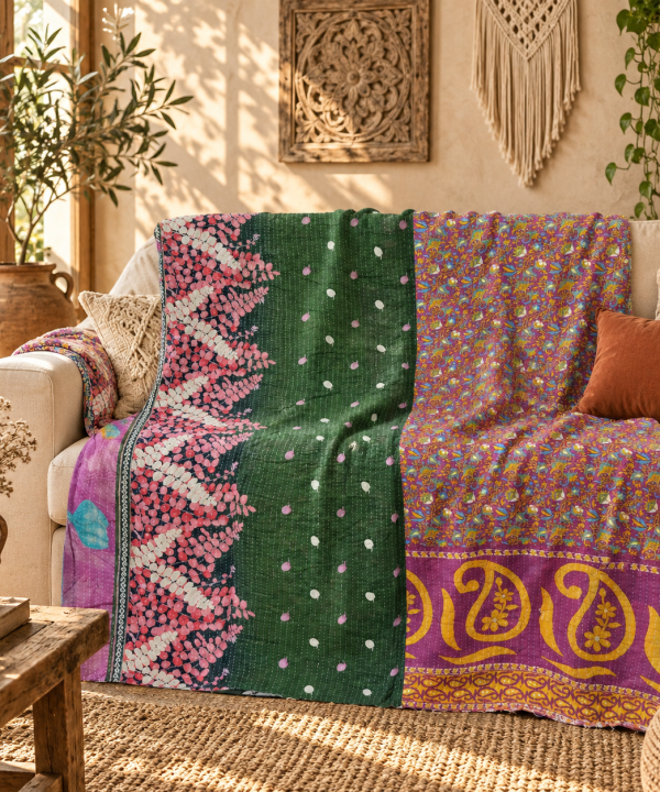 Vintage Handmade Kantha Quilt – Green & Multicolor Recycled Sari Cotton Bed Throw, Boho Reversible Blanket