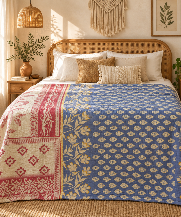 Alternative view of Vintage Handmade Kantha Quilt – Blue & Cream Floral Recycled Cotton Bedspread, Indian Boho Sofa Throw Blanket