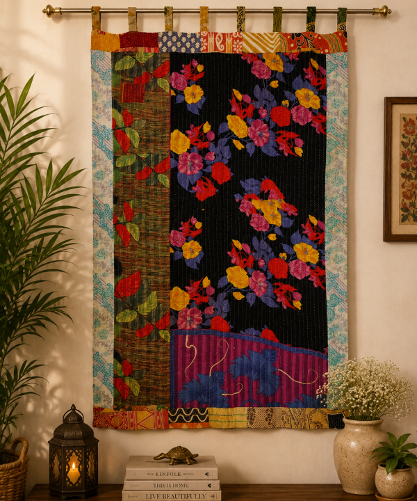 Alternative view of Black Vintage Kantha Curtain – Handmade Cotton Patchwork Boho Indian Window Door Curtain – 1 Pc