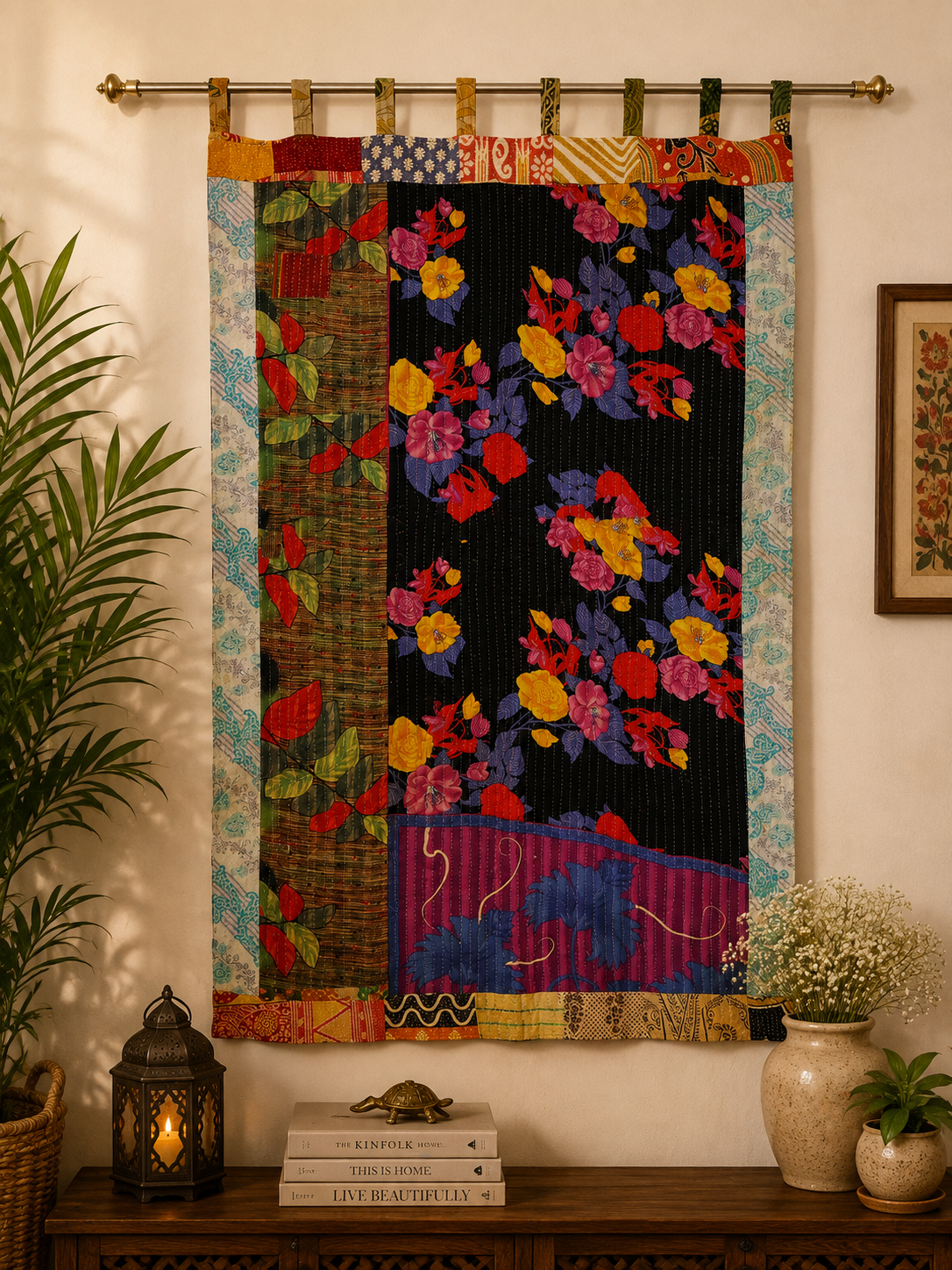 Black Vintage Kantha Curtain – Handmade Cotton Patchwork Boho Indian Window Door Curtain – 1 Pc - Image 2