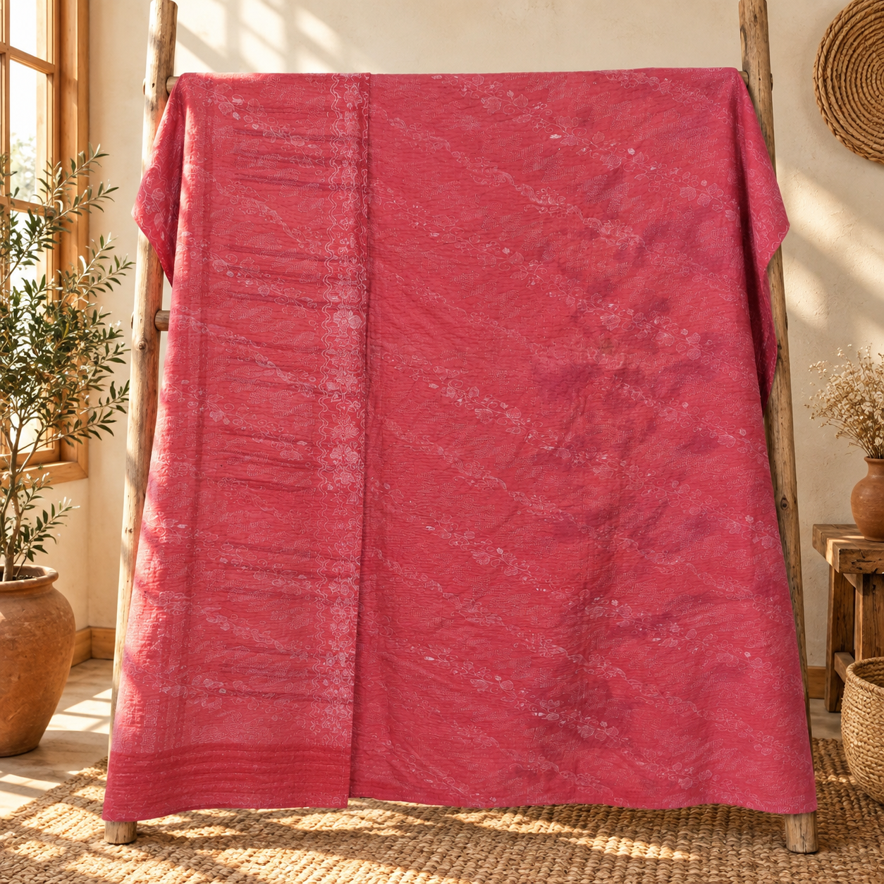 Vintage Red Kantha Quilt – Hand Stitched Floral Cotton Indian Bedspread 60 x 90 Inches - Image 5
