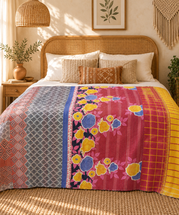 Alternative view of Vintage Handmade Kantha Quilt – Pink & Grey Floral Recycled Cotton Bedspread, Indian Boho Sofa Throw Blanket