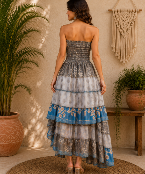 Alternative view of Grey Blue Patchwork Maxi Dress – Strapless Smocked Tiered High Low Boho Summer Dress
