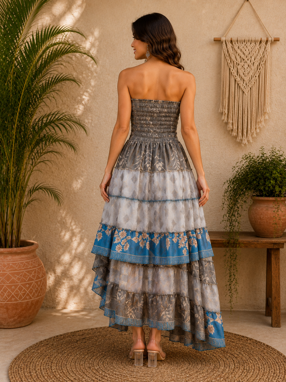 Grey Blue Patchwork Maxi Dress – Strapless Smocked Tiered High Low Boho Summer Dress - Image 2