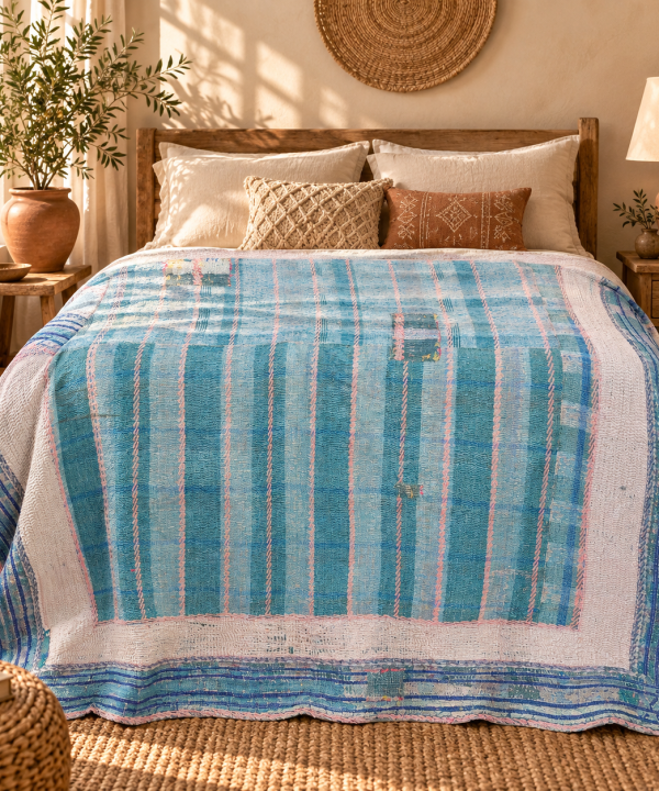 Alternative view of Vintage Blue Kantha Quilt 60x90 Inches – Hand Stitched Cotton Boho Bedspread & Sofa Throw