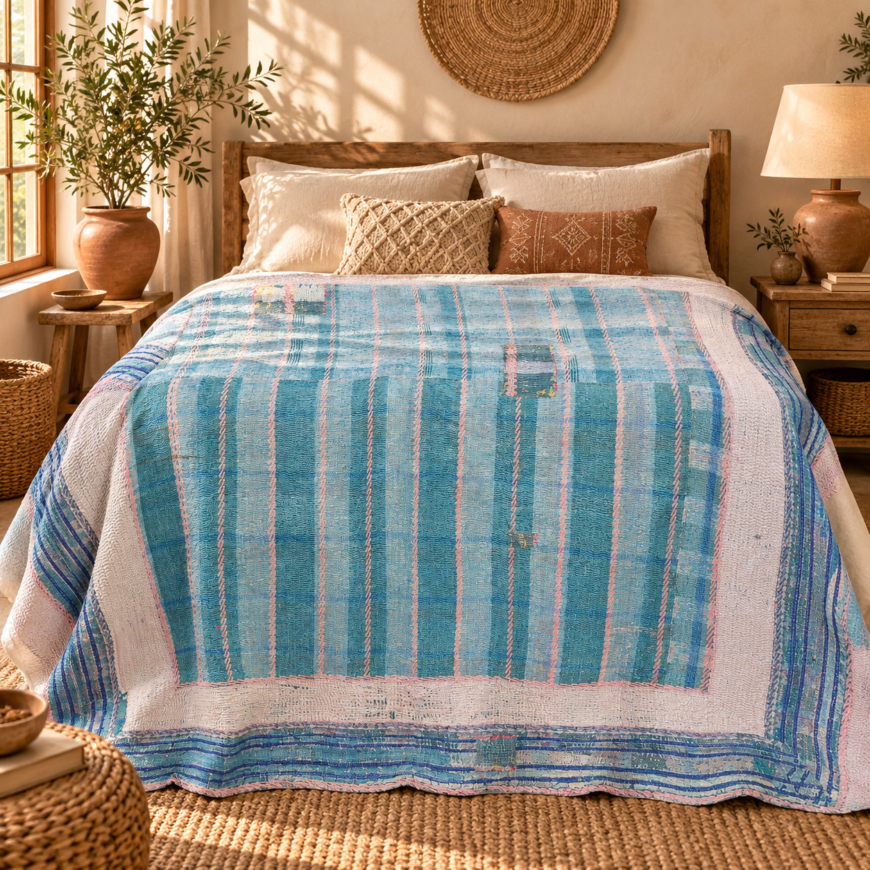 Vintage Blue Kantha Quilt 60x90 Inches – Hand Stitched Cotton Boho Bedspread & Sofa Throw - Image 2