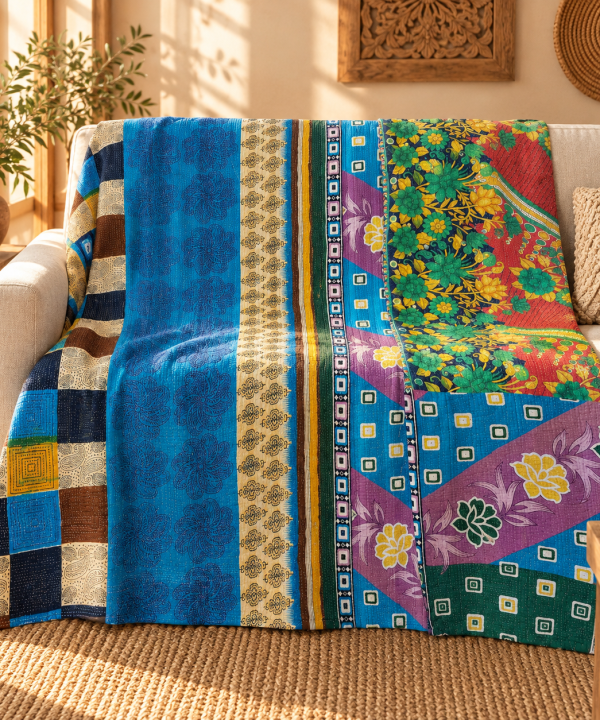 Vintage Blue Multicolor Kantha Quilt 60x90 Inches – Handmade Cotton Patchwork Bedspread Throw