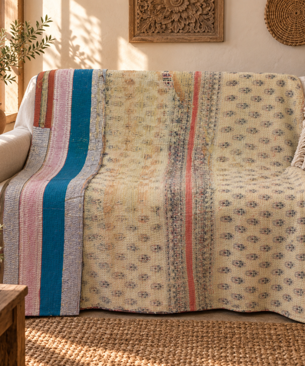 Vintage Kantha Quilt 60x90 Inches – Beige Cream Blue Hand Stitched Cotton Bedspread