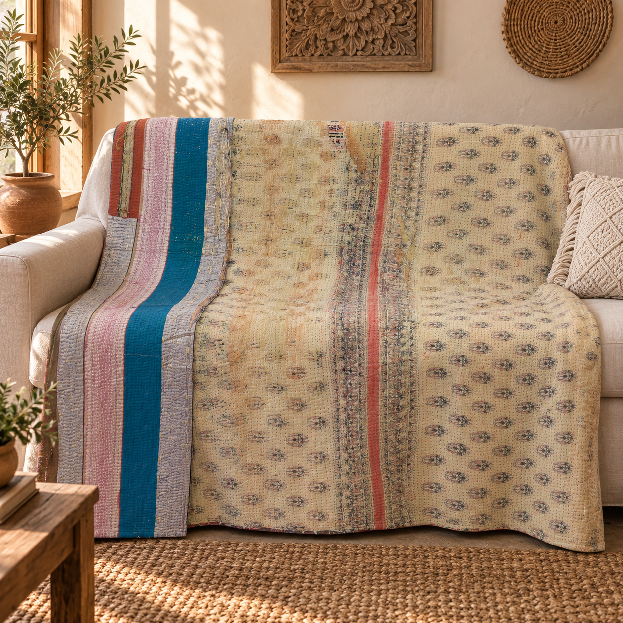 Vintage Kantha Quilt 60x90 Inches – Beige Cream Blue Hand Stitched Cotton Bedspread