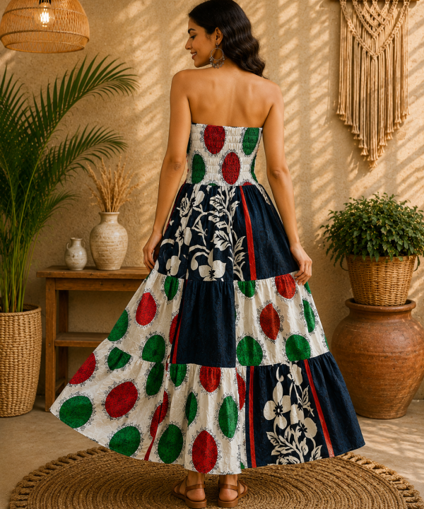 Alternative view of Black White Red & Green Patchwork Maxi Dress – Strapless Smocked Tiered Boho Summer Dress