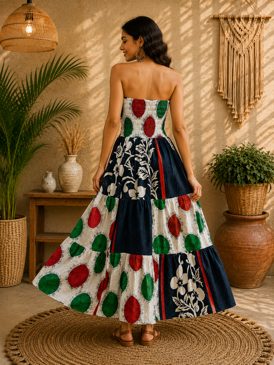 Black White Red & Green Patchwork Maxi Dress – Strapless Smocked Tiered Boho Summer Dress - Image 2