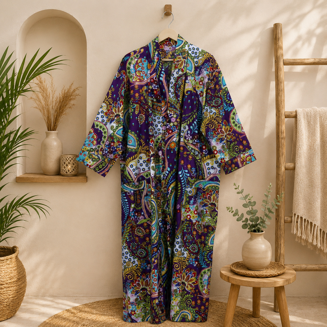 Purple Multicolor Floral Paisley Long Kimono Robe – Boho Printed Maxi Kimono Jacket for Women - Image 5
