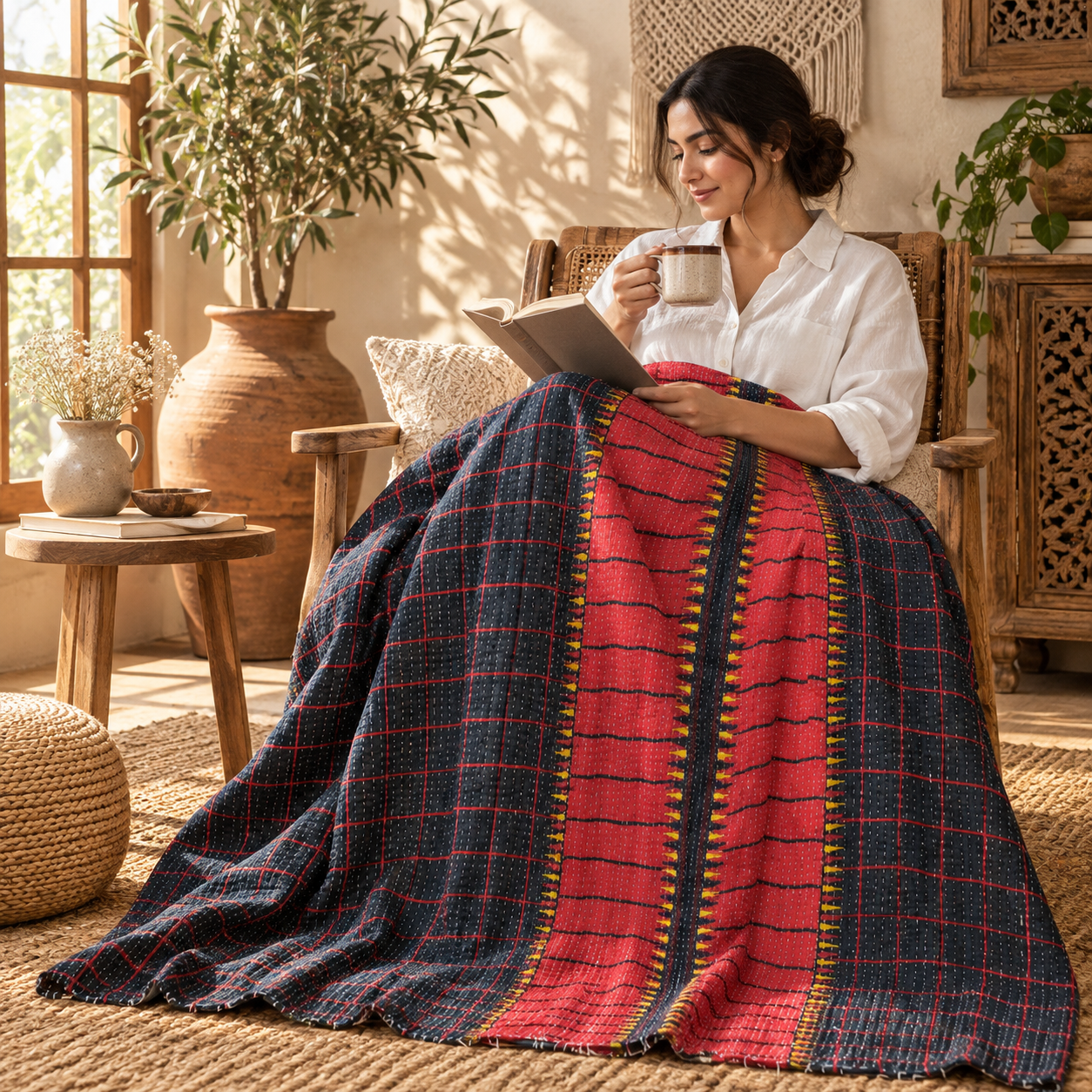Vintage Handmade Kantha Quilt – Red & Navy Blue Recycled Sari Throw, Reversible Indian Boho Bedspread MN-VKQ-TW-1342 - Image 3
