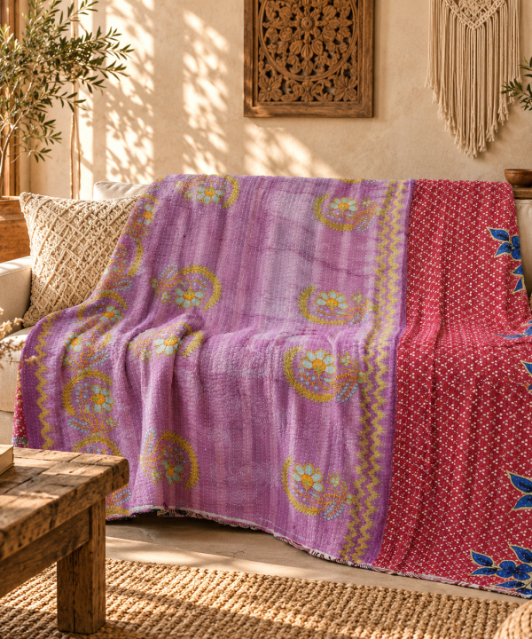 Vintage Handmade Kantha Quilt – Lavender Purple & Red Floral Recycled Sari Cotton Bed Throw