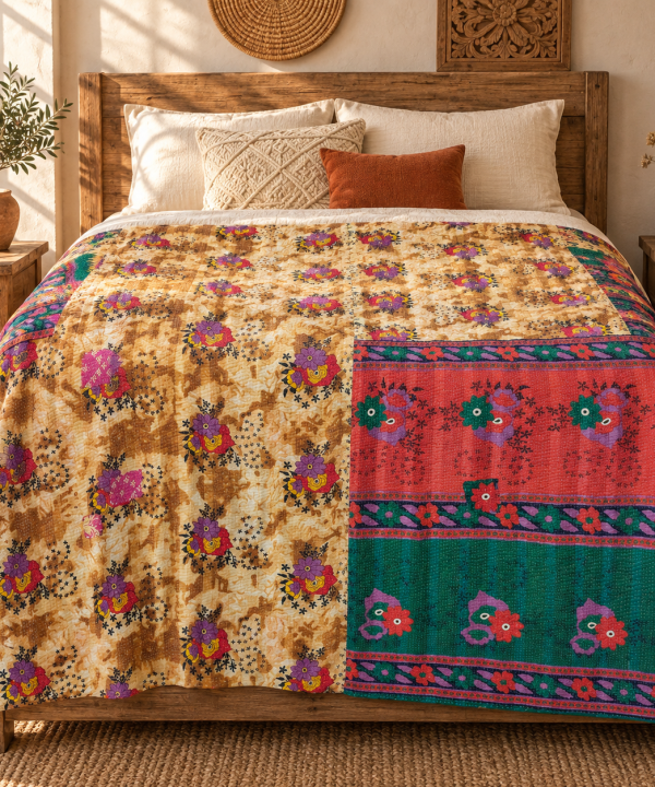 Alternative view of Vintage Beige Red & Green Kantha Quilt 60x90 Inches – Handmade Floral Cotton Bedspread Throw