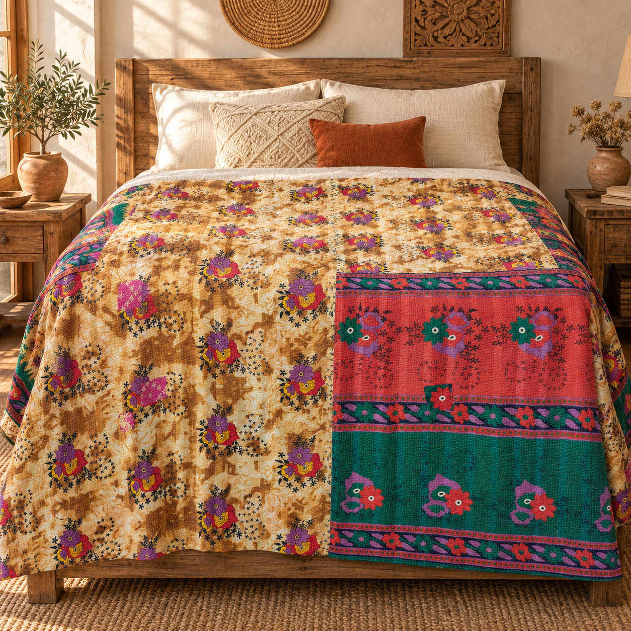 Vintage Beige Red & Green Kantha Quilt 60x90 Inches – Handmade Floral Cotton Bedspread Throw - Image 2