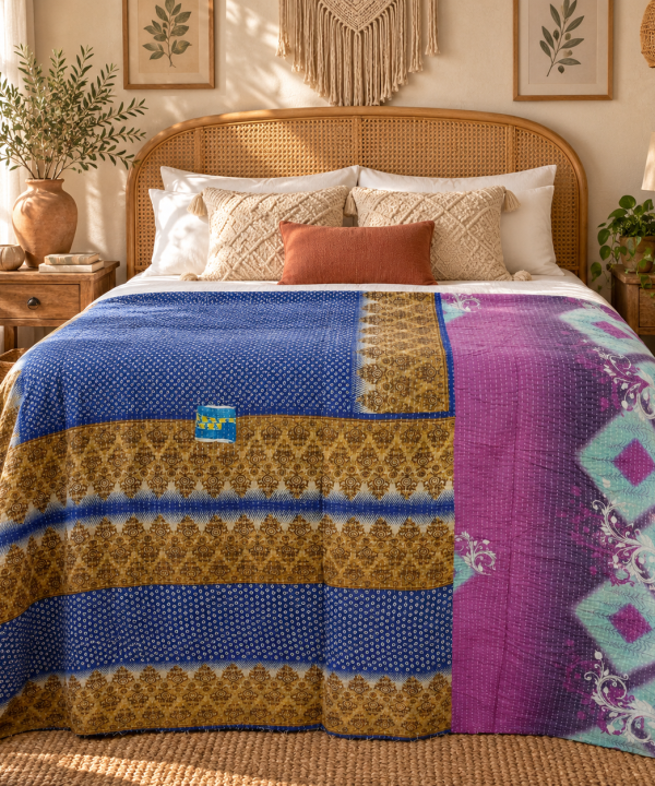 Alternative view of Vintage Handmade Kantha Quilt – Royal Blue & Purple Recycled Sari Throw | Reversible Indian Boho Bedspread