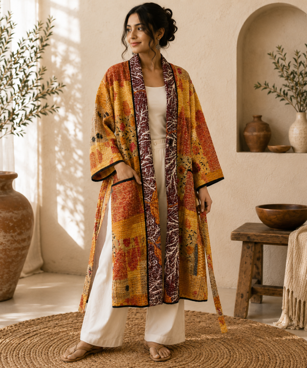 Mustard Orange Multicolor Vintage Kantha Long Kimono Robe – Handmade Patchwork Cotton Boho Jacket