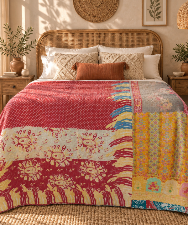 Alternative view of Vintage Red Kantha Quilt – Handmade Recycled Sari Cotton Patchwork Bedspread Boho Throw, MN-VKQ-TW-1344