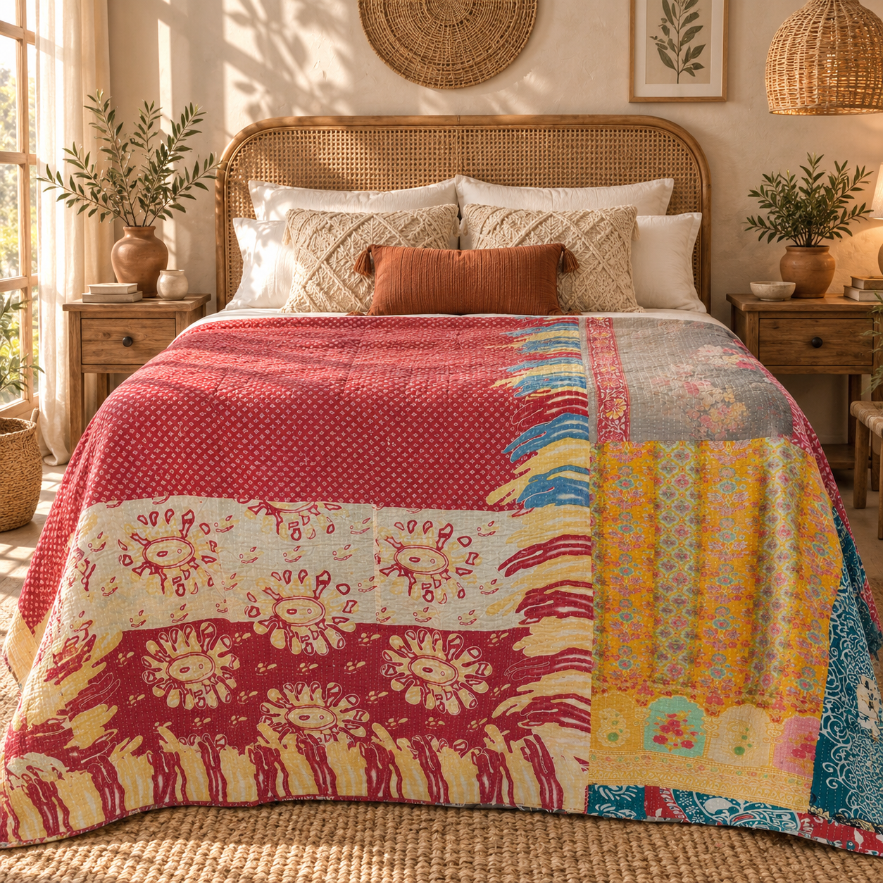 Vintage Red Kantha Quilt – Handmade Recycled Sari Cotton Patchwork Bedspread Boho Throw, MN-VKQ-TW-1344 - Image 2