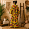 Mustard Yellow Floral Bird Print Cotton Long Kimono Robe for Women – Boho Maxi Kimono, Free Size with Pockets - Image 2